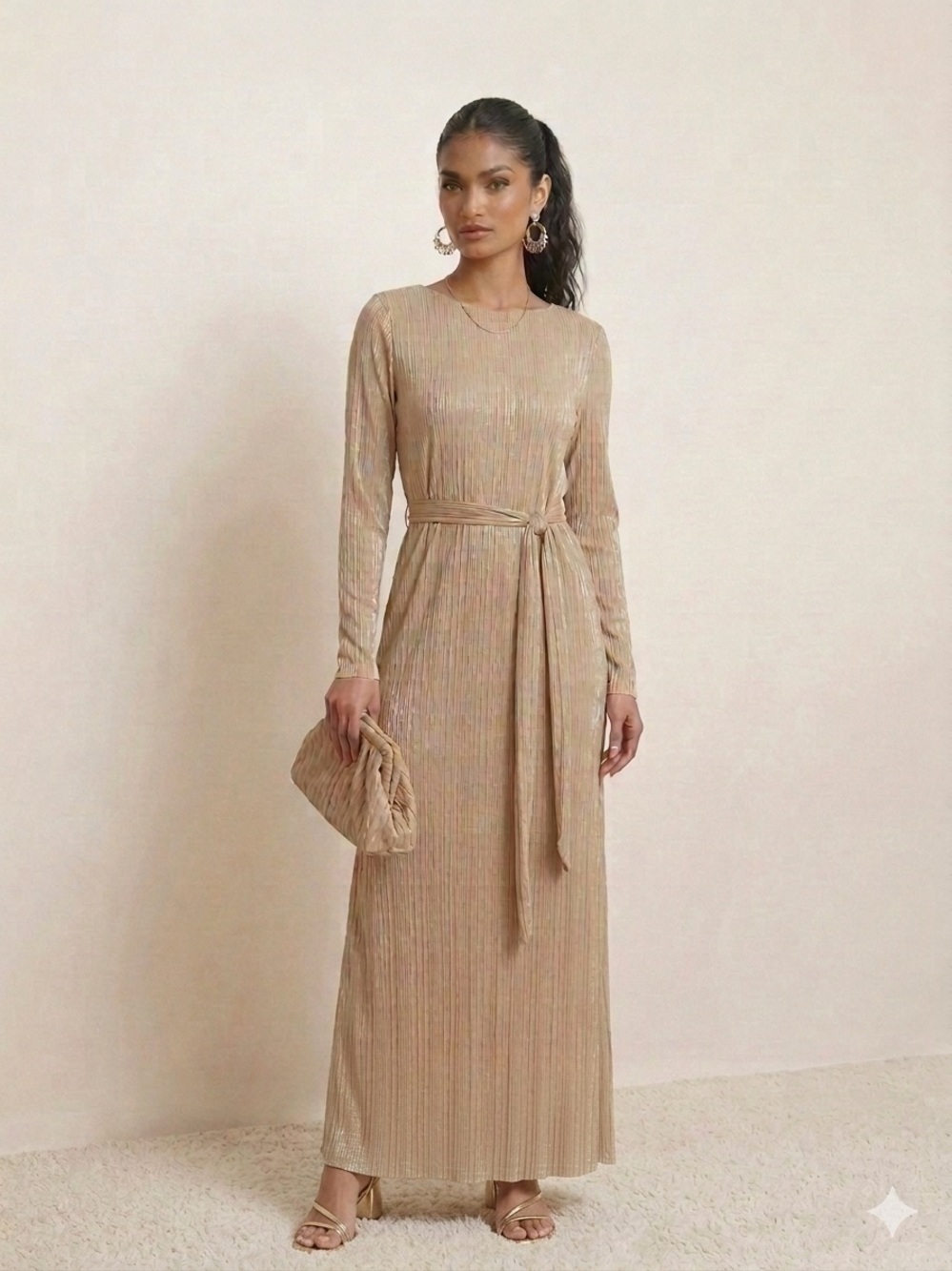 Anne Klein long-sleeve shimmering gold metallic maxi dress. Size 12